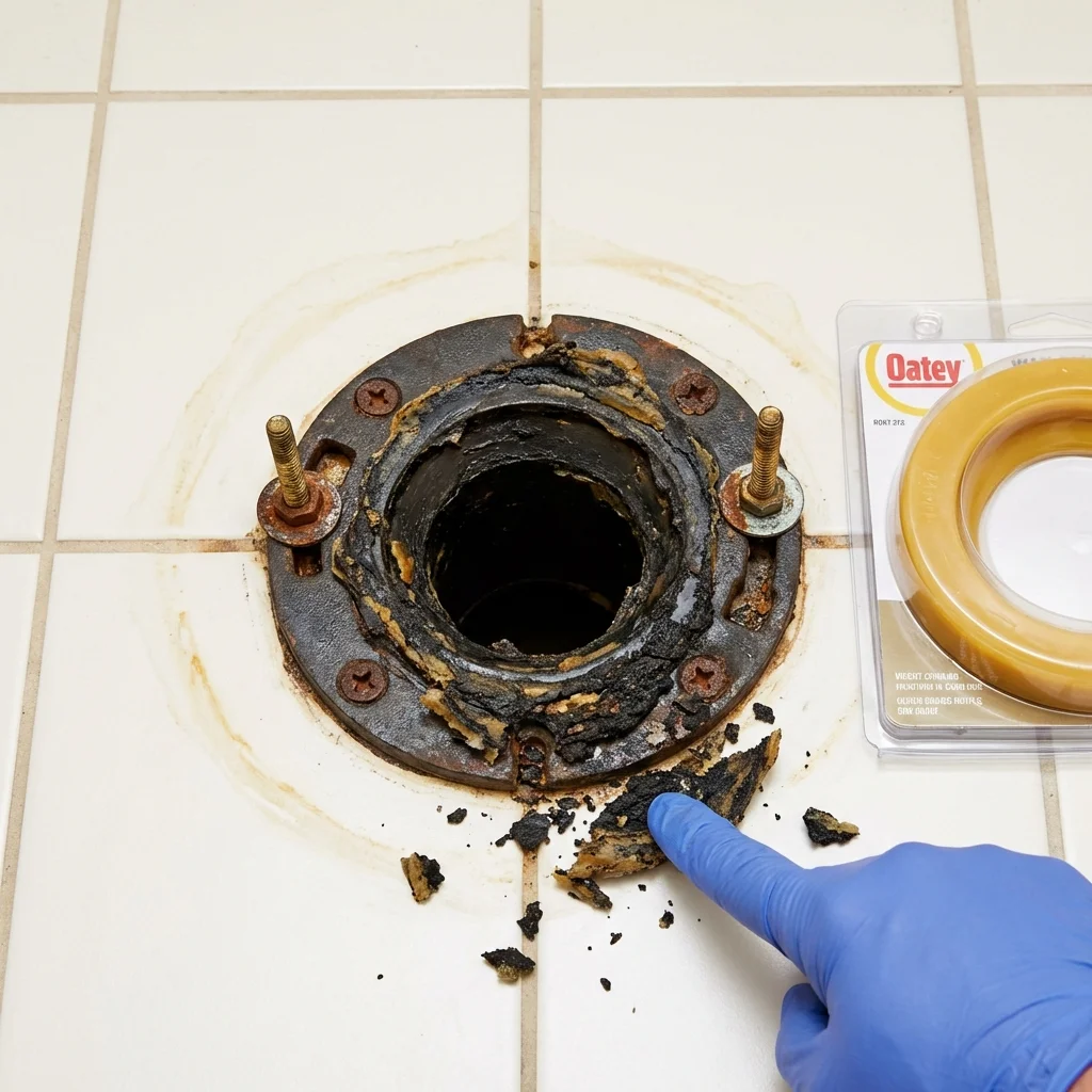 Failed wax ring showing water seepage at the base of a toilet in a Turner, OR home